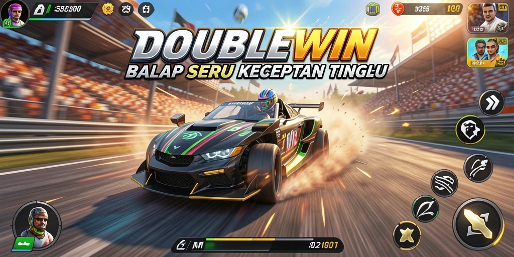 Screenshot dari gameplay DOUBLEWIN yang menunjukkan aksi balap intens.