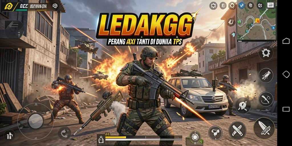 Tangkapan layar gameplay LEDAKGG menunjukkan pertarungan seru dengan berbagai senjata.