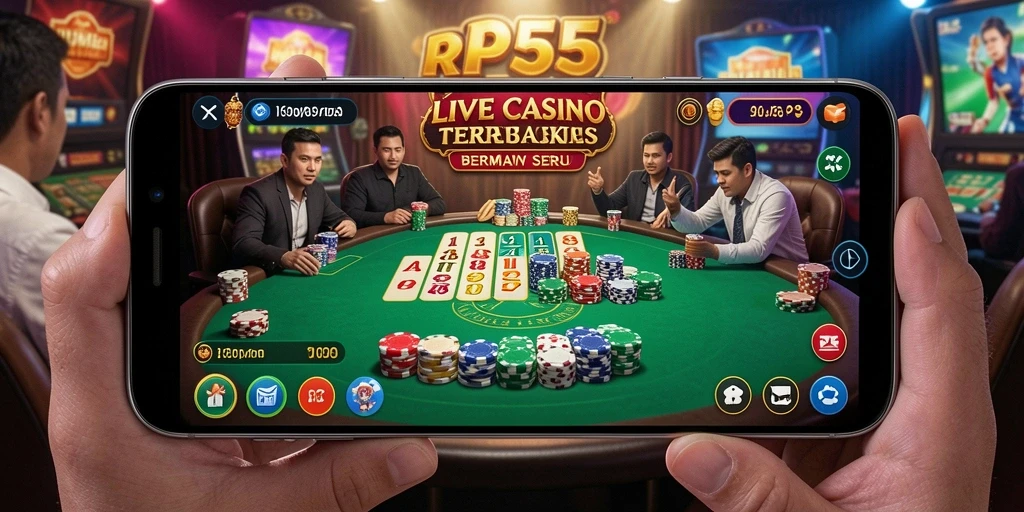 Screenshot RP55 menampilkan dealer dan permainan kasino langsung yang menarik.